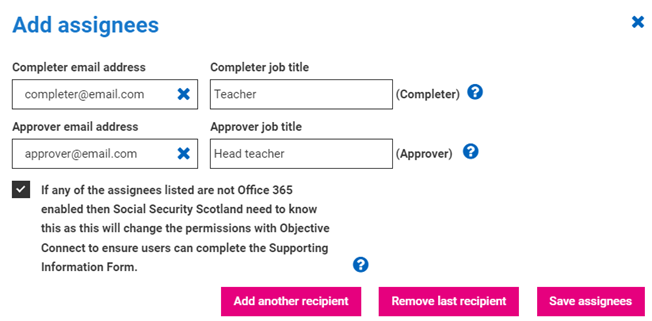 Window to add assignees.