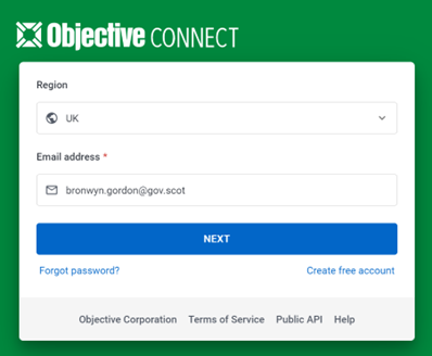 Objective connect login window