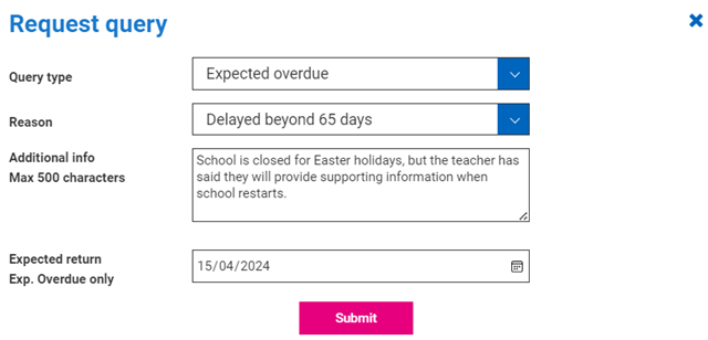 Request query 'expected overdue' example.