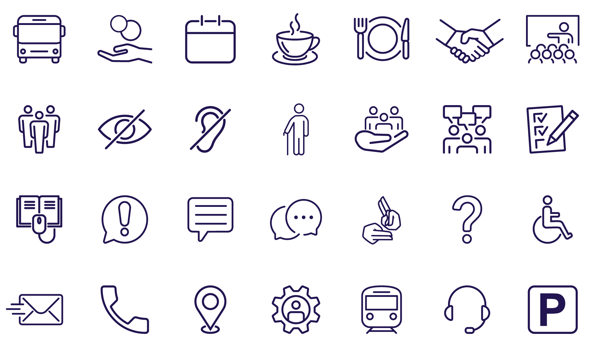 A variety of simple monochrome icons in dark blue on a white ground. Examples are a bus, a group of people, a telephone, a location point, a parking space, a wheelchair, settings and headphones.