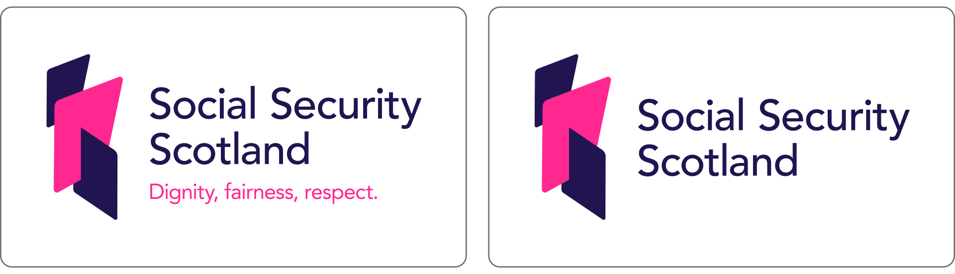 Secondary logo in navy and magenta. It has the strapline in magenta. Beside is the small use logo without the strapline.