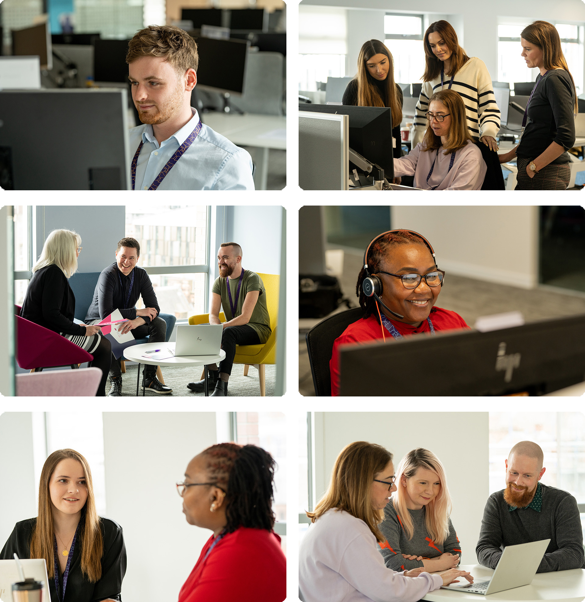 Staff working in different spaces. A man and a woman are alone at a computer, another group of woman stands around another woman sitting and they're all sharing a computer to collaborate. Other mixed gender groups are working around tables and smiling.