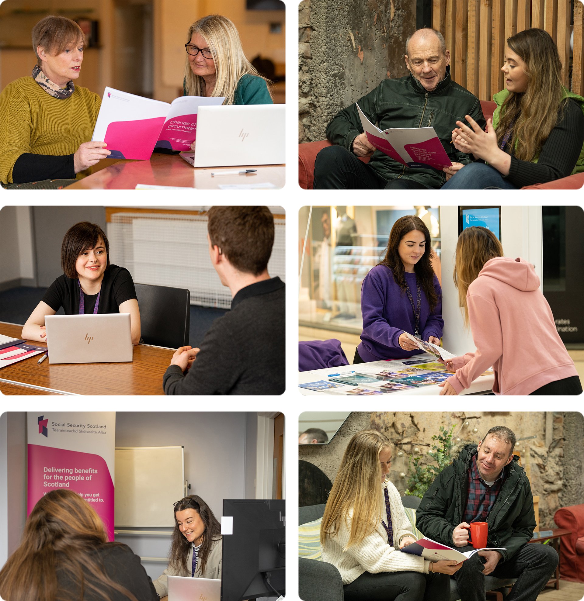 Social Security Scotland staff in a variety of locations delivering in person services to clients. Two women are at a table, sharing a booklet. An older man is on a sofa with a woman who's explaining something to him. One woman is completing an application with a client with a hearing impairment. Another woman is handing information to a young person at a stand in a public place.