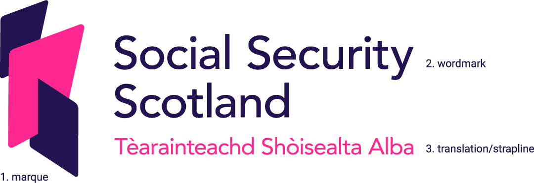 Annotated Social Security Scotland logo with labels of the marque, wordmark and translation/strapline.