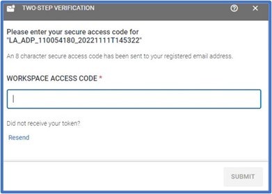 Two step verification window to enter workspace access code.