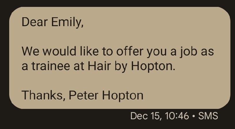 Text message acceptable example which reads: