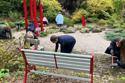 A group of people weeding a garden path