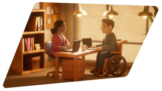A person in a wheelchair sits at a desk talking with another person in an office, both using laptops.