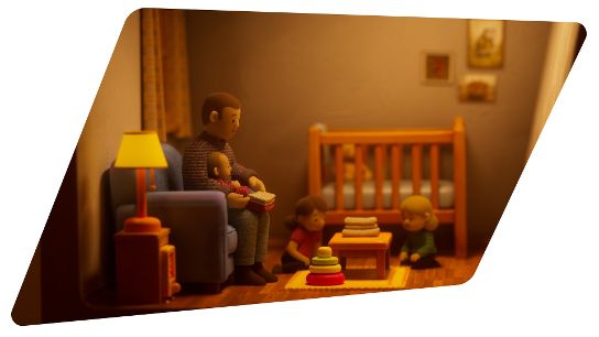 A caregiver sits on a sofa reading to a baby while two young children play with stacking toys on the floor in a softly lit nursery.