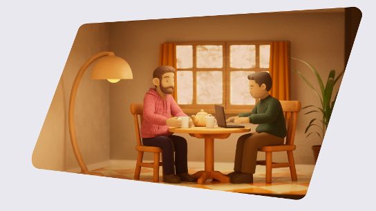 Two people sit at a small table having tea while one of them uses a laptop.