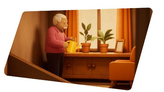 An older adult waters potted plants on a sideboard in a warm, sunlit living room.