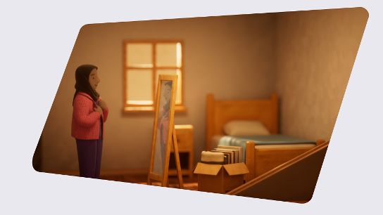 A young person stands in a bedroom looking into a full-length mirror, with moving boxes and a neatly made bed nearby.