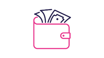 Wallet icon with money sticking out, in pink and dark blue line art.