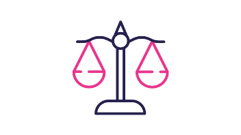 Balanced scales icon in pink and dark blue line art.