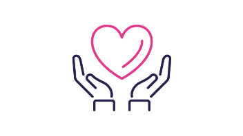 Two hands holding a heart, illustrated in pink and dark blue.