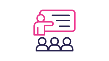 Person presenting to three seated figures, in pink and dark blue.