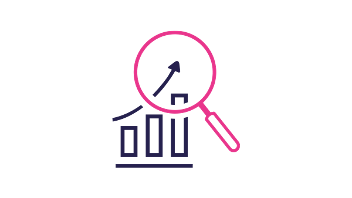Magnifying glass over an upward bar graph, in pink and dark blue.
