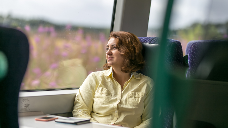 A person is sitting on a train