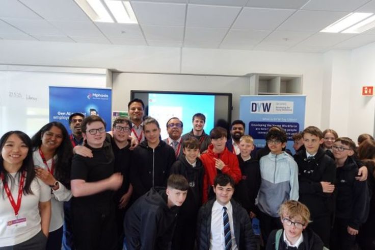 Group of school students with visitors from Fujitsu and Mphasis