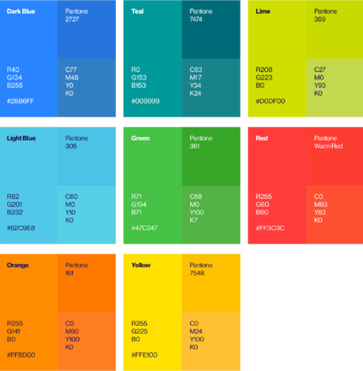 Colour swatches with RGB, CMYK, hex codes, and Pantone names for shades like Dark Blue, Teal, Lime, Red, and Yellow.