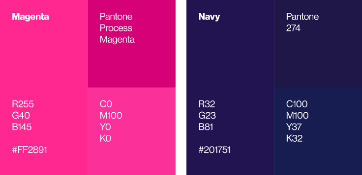Colour swatches for Magenta and Navy with Pantone names, RGB, CMYK values, and hex codes.