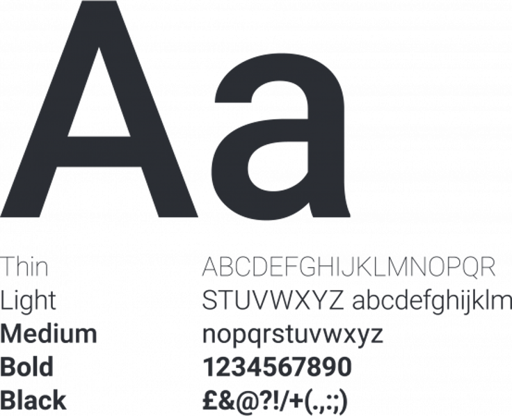 Typeface sample showing Thin, Light, Medium, Bold, and Black weights with full alphabet, numbers, and symbols.