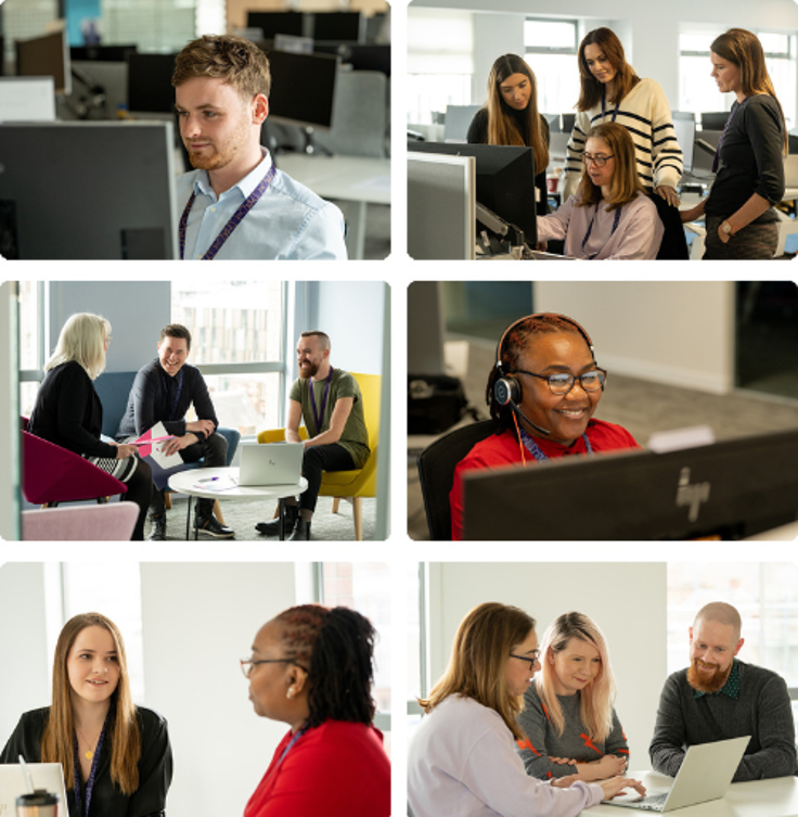 Staff working in different spaces. A man and a woman are alone at a computer, another group of woman stands around another woman sitting and they're all sharing a computer to collaborate. Other mixed gender groups are working around tables and smiling.