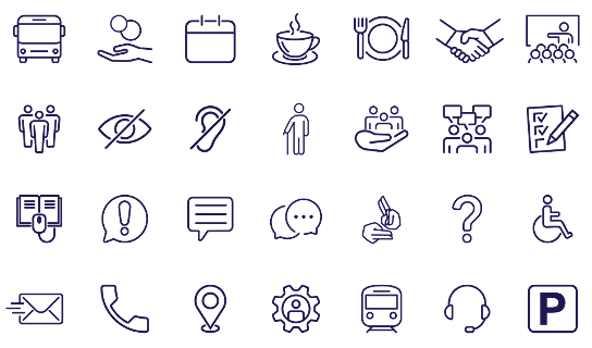 Grid of 30 icons representing various concepts such as transport, communication, accessibility, food, meetings, and documents.