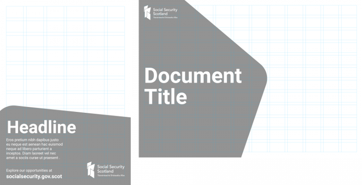Two document cover templates with placeholder text and Social Security Scotland branding.
