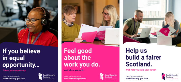 Three vertical recruitment banners for Social Security Scotland featuring people working and messages about opportunity, career growth, and fairness.