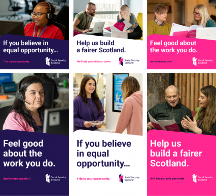 Six smaller recruitment banners with varied layouts and messages promoting equal opportunity, career development, and workplace satisfaction.