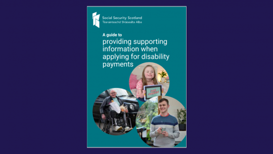 Supporting Information Guide flyer – Three people in circular frames, promoting a guide for disability payment applications.