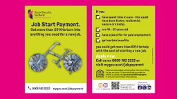Job Start Payment Side-by-Side (Bike) – Left: Poster with currency-note bicycle and payment message. Right: Bullet-point eligibility criteria and contact info.