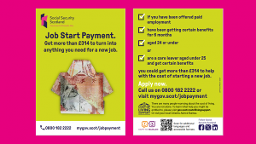 Job Start Payment Side-by-Side (Shirt) – Left: Poster with currency-note shirt and payment message. Right: Bullet-point eligibility criteria and contact info.