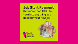 Job Start Payment Poster (Simple) – Yellow poster with currency-note shirt and brief message about receiving over £250 for a new job.