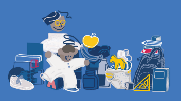 Illustration of an adult and child surrounded by household items, shoes, books, and a toy horse on a blue background.