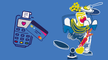 Illustration of a payment card and card reader next to groceries including bananas, grapes, and canned food on a blue background.