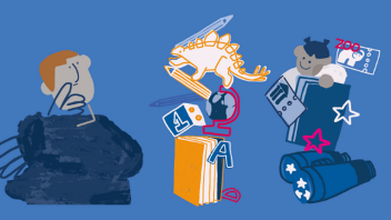 Illustration of two figures with educational items including books, a dinosaur model, a globe, and binoculars on a blue background.