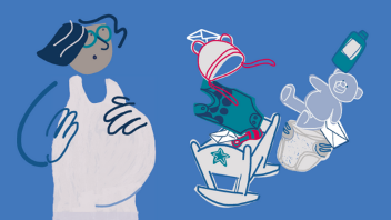 Illustration of a pregnant figure next to baby items including a crib, bottle, teddy bear, and diaper on a blue background.