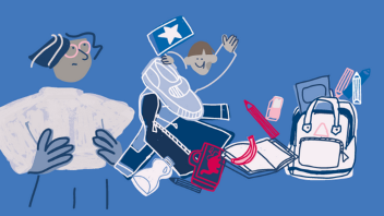 Illustration of two figures with school supplies including shoes, backpack, notebooks, and pencils on a blue background.