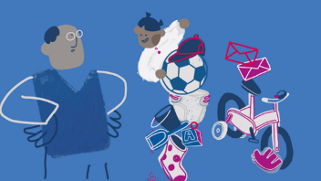 Illustration of two figures with children’s items including a football, tricycle, letters, and envelopes on a blue background.
