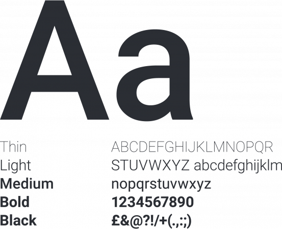 Examples of the primary typeface Roboto. The characters appear as dark grey or black, and appear in thin, light, medium, bold and black versions.