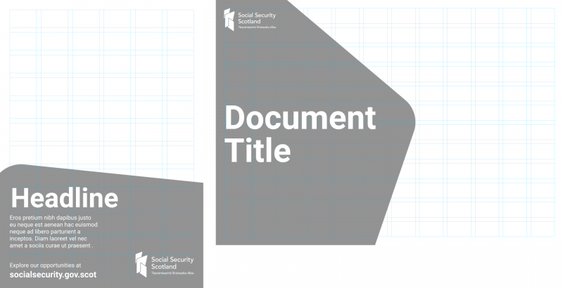 2 examples of document pages where the grid system is used. One is long, in portrait format, and the other is wide in landscape format.