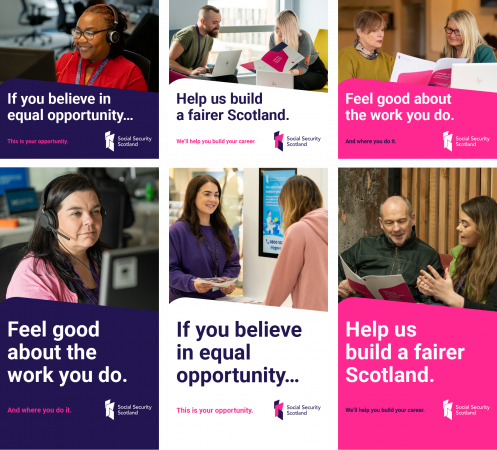 Small social media posts for recruitment saying Feel good about the work you do, and where you do it. If you believe in equal opportunity, this is your opportunity. Help us build a fairer Scotland, we’ll help you build your career.