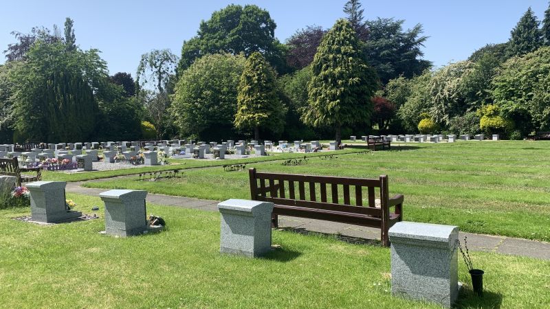 View of bench in graveyard