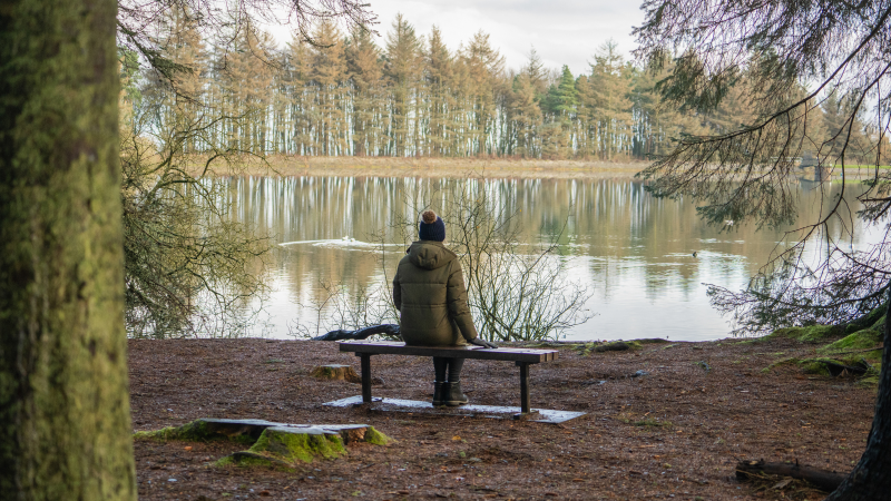 A person is sitting on a bench in front of a loch