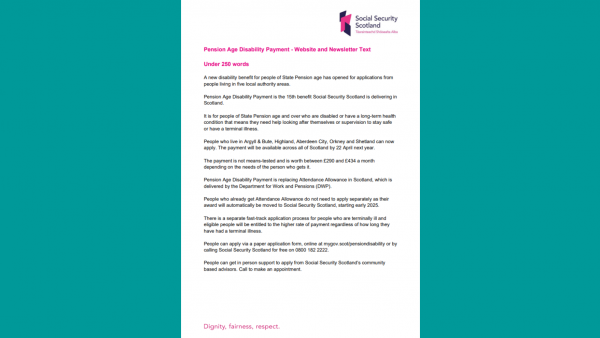 Pension Age Disability Payment website and newsletter text
