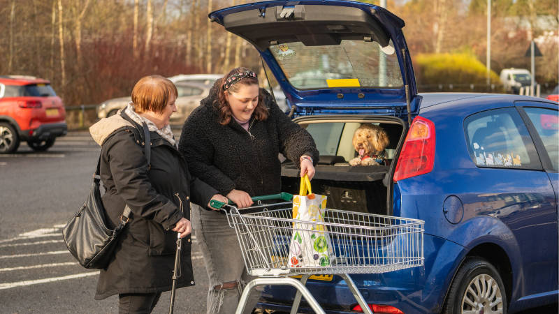 Two people are loading shopping into a car.