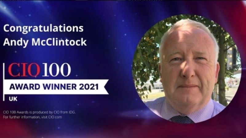 Chief Digital Officer Andy McCLintock is featured along side the words 'Congratulations Andy McLintock CIQ 100 Award winner 2021'
