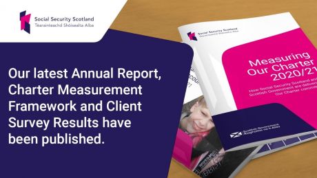 Text reads 'our Annual Report, Charter Measurement Framework and Client Survey results have been published' alongside pictures of the reports.